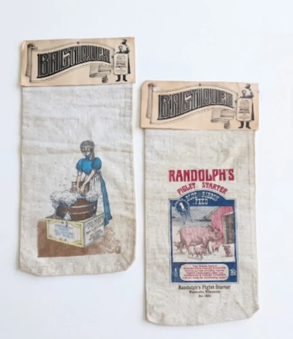 Lot 2 Vtg Bagtiques Linen Bags Jude Pieper Antique Concepts 1981 Advertising